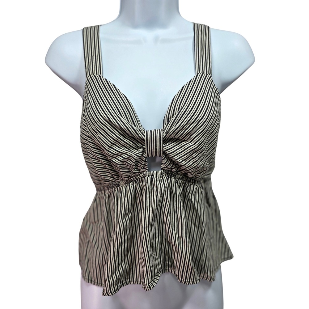 Monteau Los Angeles Linen Blend Peplum Top Womens XL Keyhole Black White Stripe